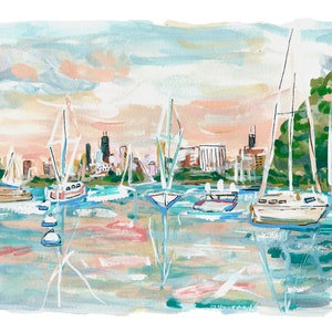 Chicago Beach Art, Sailing The City Print, Sailboat Art, Coastal Art, Chicago Cityscape, Montrose Beach, Chicago Sunset, Gouache image 3