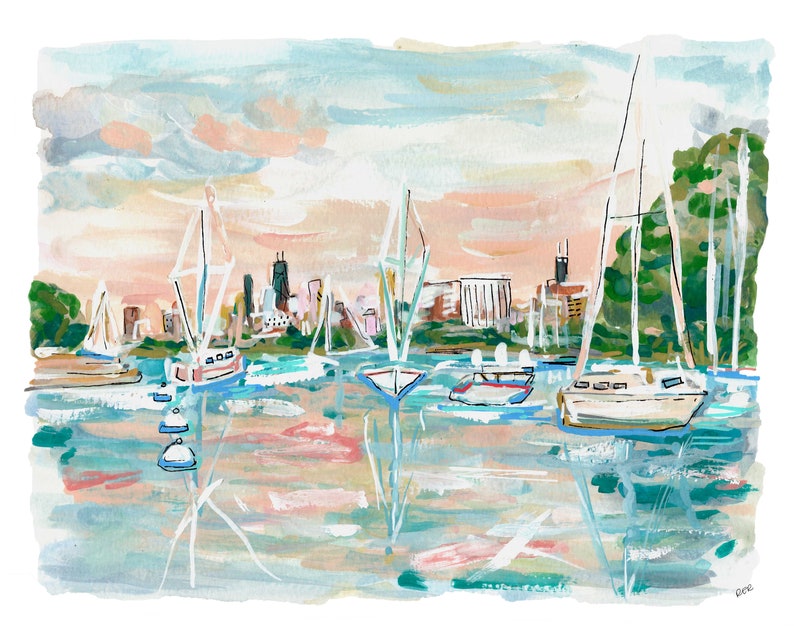 Chicago Beach Art, Sailing The City Print, Sailboat Art, Coastal Art, Chicago Cityscape, Montrose Beach, Chicago Sunset, Gouache image 3