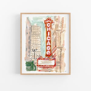 Chicago Theater Art Print, Chicago Travel Art, Chicago Traditional Travel Print, Broadway Art, Chicago Skyline, Architecture Art, Gouache