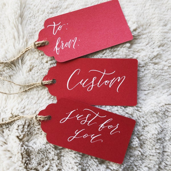 Calligraphy Gift Tags, Personalized Gift Tags, Custom Gift Tags, Holiday Gift Tags, Valentine’s Day Name Tags, Red Tags, White Ink
