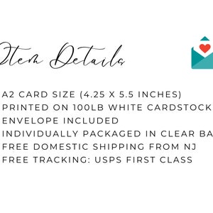 May include: White background with the words "Item Details" in elegant script. The text lists card size as 4.25 x 5.5 inches, printed on white cardstock, with an envelope included. A teal envelope icon with a red heart is in the upper right.