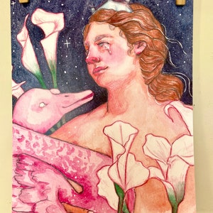 May include: A watercolor painting of a woman with a crown on her head, wearing a pink dress and holding a pink bird. The woman is crying and there are white flowers in the background.