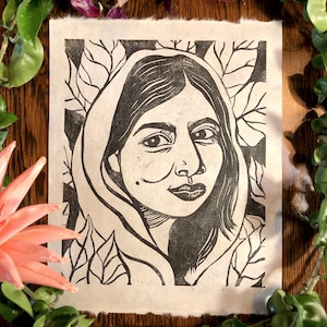 Malala Yousafzai | Handmade fine art block print portrait and quote