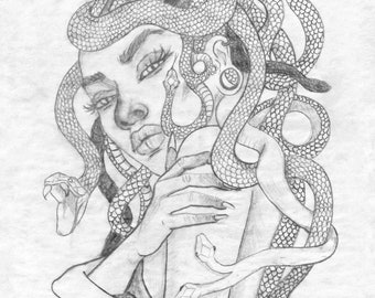 May include: A black and white pencil drawing of a woman with snakes for hair. The woman is looking to the side and has a serious expression on her face. The snakes are wrapped around her head and neck, and some are even holding onto her arms.