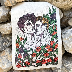 The Song of Achilles | Hand carved relief print of Achilles and Patroclus
