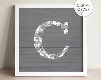 C Wall Decor, Letter C, Letter C Print, Letter C Decor, Printable Letter C, Initial Decor C, C Sign, Wood Letter C, White and Gray, Nursery