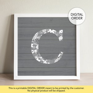 C Wall Decor, Letter C, Letter C Print, Letter C Decor, Printable Letter C, Initial Decor C, C Sign, Wood Letter C, White and Gray, Nursery