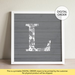 Impressão de letra L, letra L, letra de parede L, letras de madeira L, letra L imprimível, decoração de parede de letra L, sinal L, decoração de parede L, pôster, cinza, branco