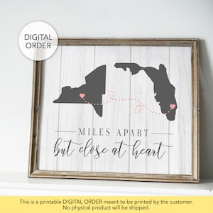 Millas de distancia pero cerca en el corazón, impresión a larga distancia, regalo personalizado para mudarse, mejor amigo de larga distancia, arte mural de dos estados, relación