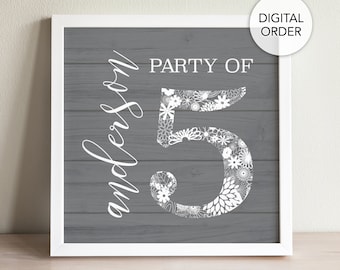 Party of 5 Printable, Party of Five Sign, Family Number Printable, Family Number Sign, Custom Last Name Wall Decor, Wooden, Personalized, 5