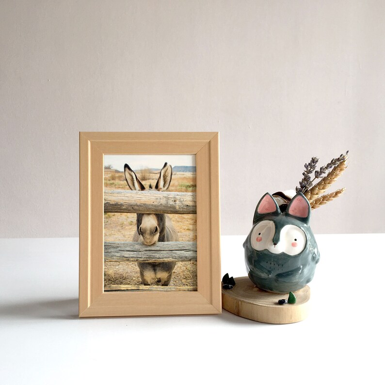 Op de afbeelding: Een houten fotolijst met een foto van een ezel die door een houten hek kijkt. De ezel is bruin en wit met grote oren. De lijst staat op een wit oppervlak naast een grijze keramische vaas met een roze en wit gezicht.