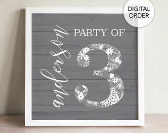 Family Name Party of 3, Party of Three Sign, Party of 3 Printable, Party of 3 Wall Decor, Custom Family Name Print, Personalized Name Sign