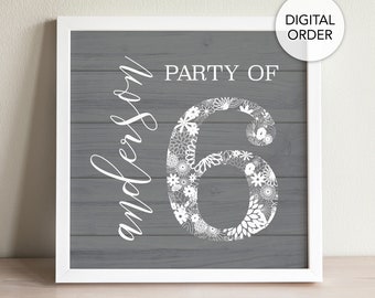 Party of Six Sign, Party of 6 Wood Sign, Custom Family Printable, Family Number Sign, Family Name Printables, Gift for Family of 6, Wall Art