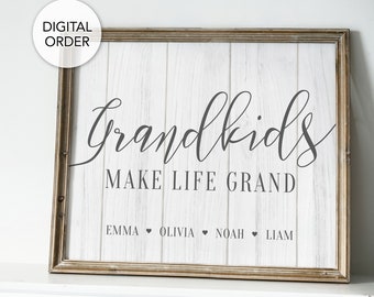 Kleinkinderen maken het leven grootteken, kleinkinderen print, kleinkinderen wall decor, grootouders geschenken gepersonaliseerde, kleinkinderen teken met namen, hout