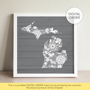 Michigan Printable, Michigan Wall Art, State of Michigan Art, Michigan Print, State Printable, Floral State Print, Pure Michigan Home Decor
