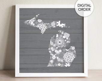 Michigan Printable, Michigan Wall Art, State of Michigan Art, Michigan Print, State Printable, Floral State Print, Pure Michigan Home Decor