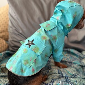 May include: A turquoise blue dog raincoat with a hood and a star-shaped embellishment. The raincoat has a tie closure and a pocket on the front.