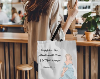 Romans 12 12 bible verse tote bag bible scripture gift for her modern bible art shopping bag book bag giftfor mom christian gift bag