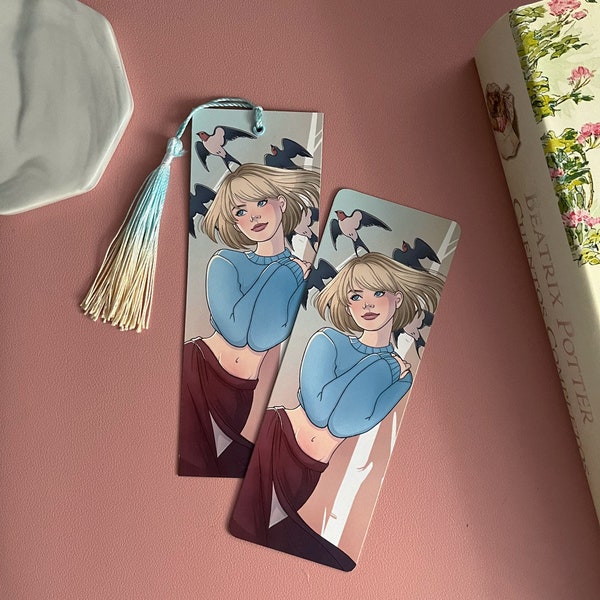 Bookmark: Blonde Woman and Swallows background, perfect for a small original gift, digital illustration, ceremony gift, planners and books