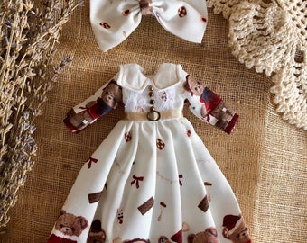 Two-piece Blythe outfit, vintage Blythe dress, white dress with Blythe bear pattern, Neo Blythe clothes, Blythe headband, clothes Blythe,