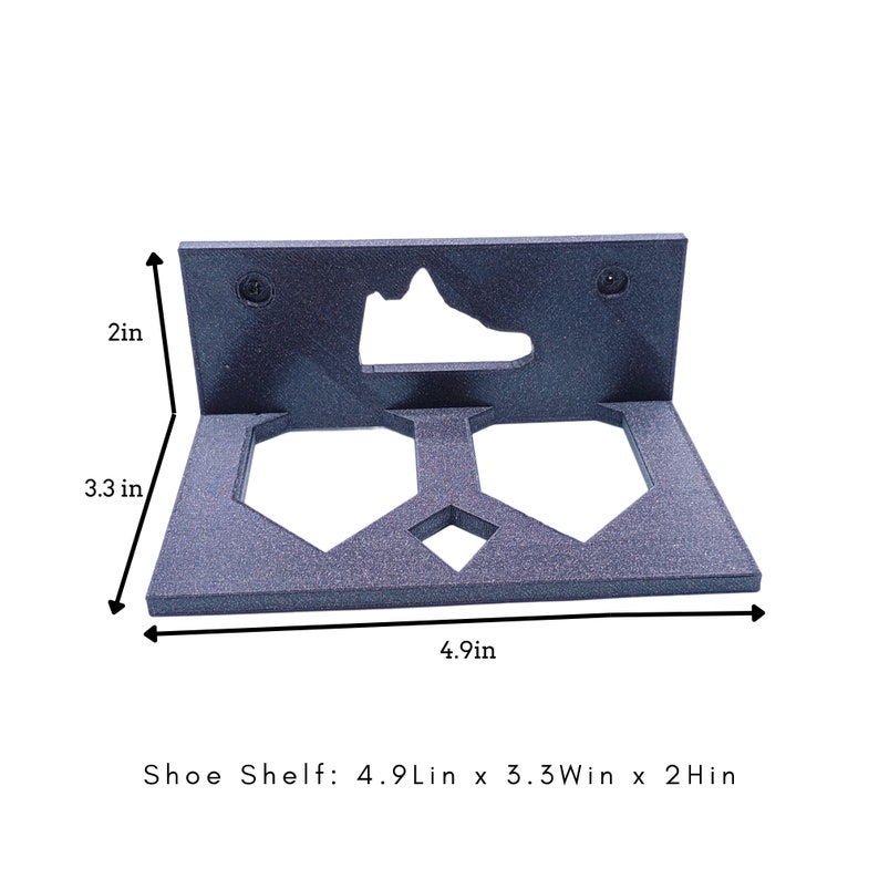 May include: A black shoe shelf with two slots for shoes. The shelf is 4.9 inches long, 3.3 inches wide, and 2 inches high.  Shoe Shelf: 4.9Lin x 3.3Win x 2Hin