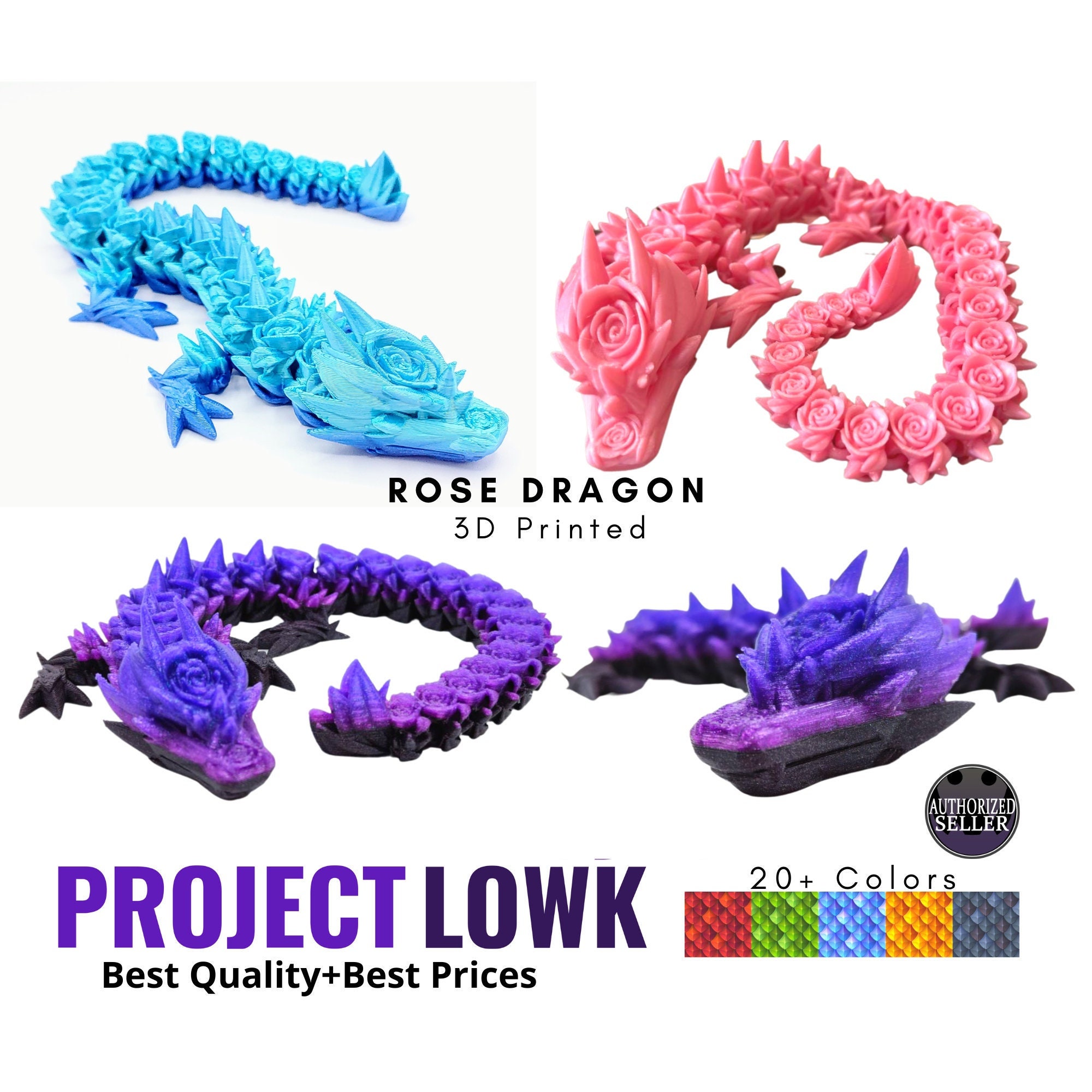 3d Printed Rose Dragon - Flexible Fidget Toy (17, Purple)