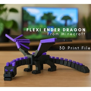 May include: A 3D-printed, articulated Ender Dragon from Minecraft, in black and purple. The dragon has a segmented body, wings, and a detailed head. The text "FLEXI ENDER DRAGON From Minecraft" and "3D Print File" are visible.