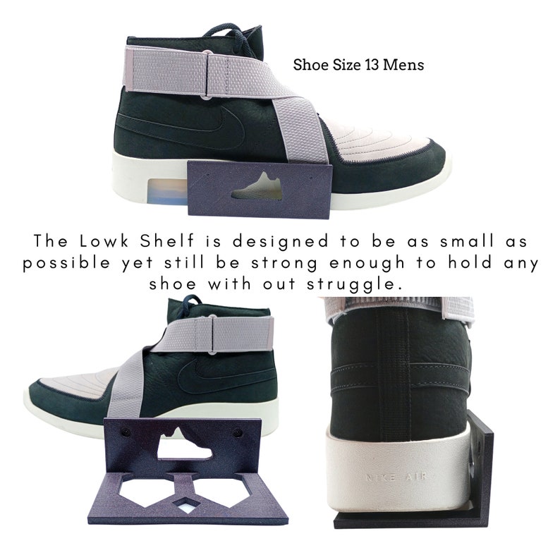 May include: A black and grey shoe shelf designed to hold a shoe with a size 13 men's shoe displayed on the shelf. The shelf is made of black plastic and has a cutout in the shape of a shoe.