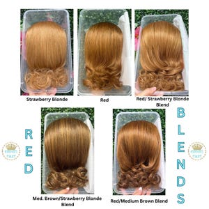 May include: Five clear plastic containers each holding a hair topper with different colour variations: strawberry blonde, red, red and strawberry blonde blend, medium brown and strawberry blonde blend, and red and medium brown blend.