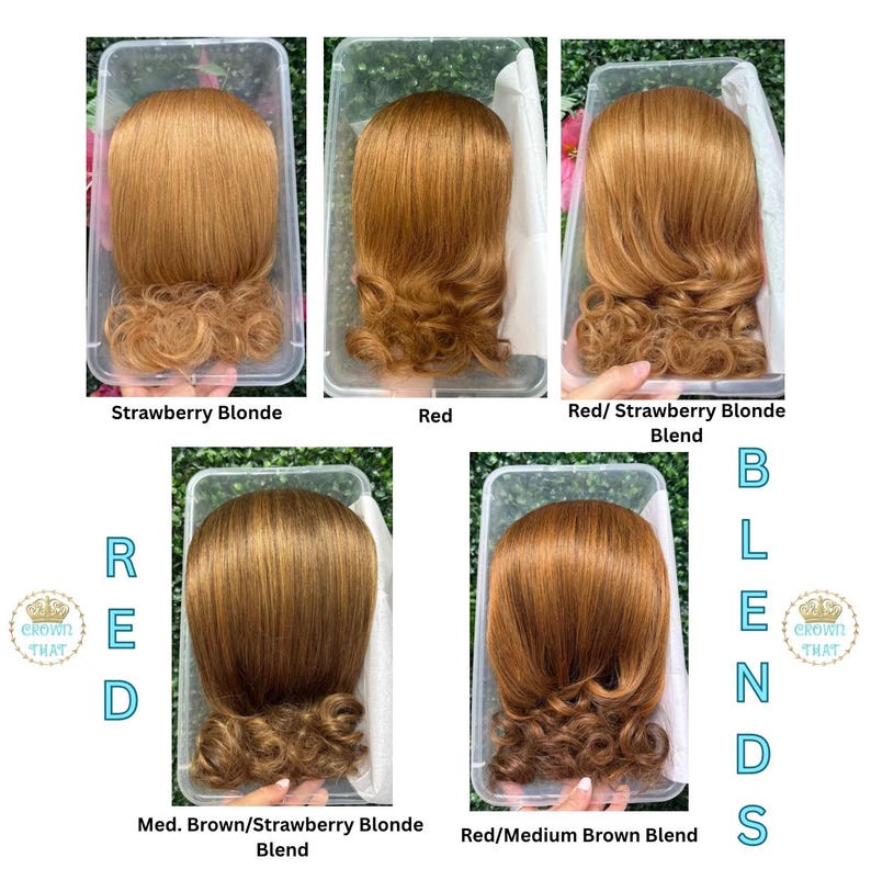 May include: Five clear plastic containers each holding a hair topper with different colour variations: strawberry blonde, red, red and strawberry blonde blend, medium brown and strawberry blonde blend, and red and medium brown blend.