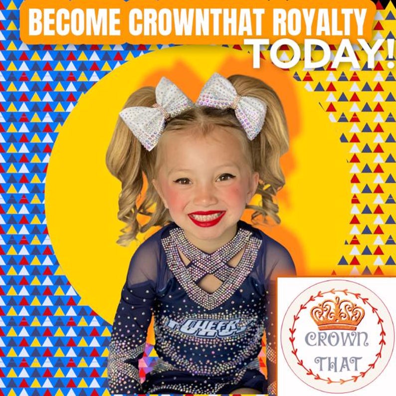 May include: A navy blue cheerleading uniform with a crisscross neckline and dense crystal embellishments. The outfit includes two large white sequined hair bows. Text reads: BECOME CROWNTHAT ROYALTY TODAY! and a logo with a crown and CROWN THAT.