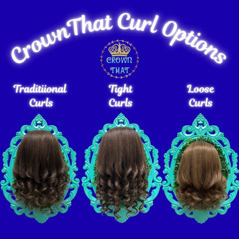 May include: A blue graphic display titled Crown That Curl Options featuring three brown hair mannequin heads framed in ornate teal borders. The labels read Traditional Curls, Tight Curls, and Loose Curls, with a central Crown That logo.