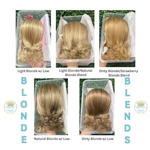 May include: Five clear plastic containers each holding a blonde hairpiece with curled ends. Text labels include Light Blonde w/ Low, Light Blonde/Natural Blonde Blend, Dirty Blonde/Strawberry Blonde Blend, Natural Blonde w/ Low, and Dirty Blonde w/ Low.