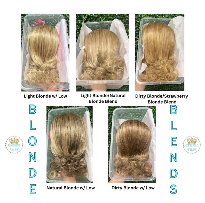 May include: Five clear plastic containers each holding a blonde hairpiece with curled ends. Text labels include Light Blonde w/ Low, Light Blonde/Natural Blonde Blend, Dirty Blonde/Strawberry Blonde Blend, Natural Blonde w/ Low, and Dirty Blonde w/ Low.