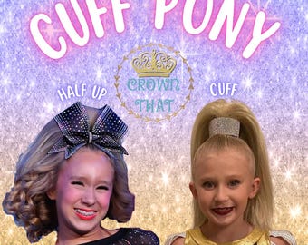 May include: Two individuals wearing hair accessories against a glittery background. The left features a large black bow with silver accents. The right features a silver rhinestone hair cuff on a high ponytail. Text reads CUFF PONY and CROWN THAT.