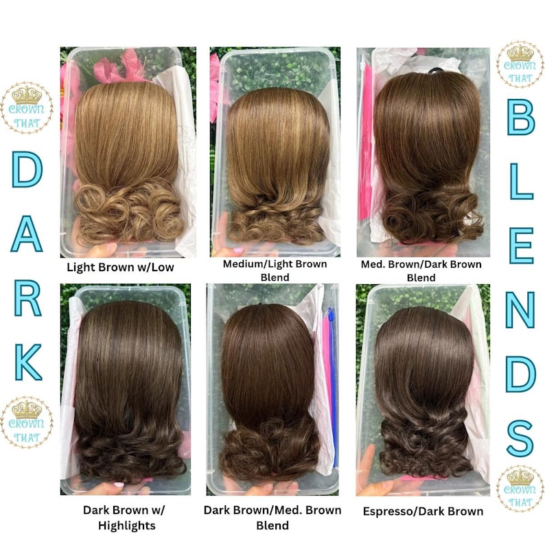 May include: Six hair extensions in clear containers labelled with colour blends: Light Brown w/Low, Medium/Light Brown Blend, Med. Brown/Dark Brown Blend, Dark Brown w/Highlights, Dark Brown/Med. Brown Blend, and Espresso/Dark Brown. Text reads Crown That.