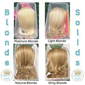 May include: Four clear plastic containers each holding a hair topper in different shades of blonde. The labels read Blonde Solids, Platinum Blonde, Light Blonde, Natural Blonde, Dirty Blonde, and Crown That with a crown icon.