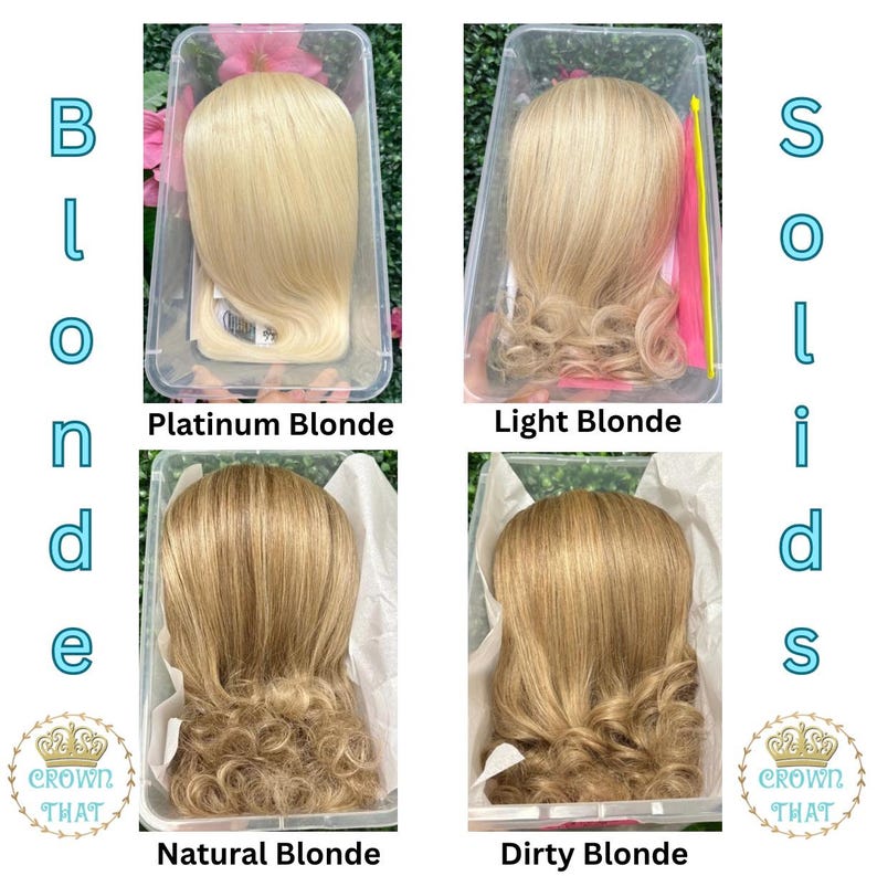 May include: Four clear plastic containers each holding a hair topper in different shades of blonde. The labels read Blonde Solids, Platinum Blonde, Light Blonde, Natural Blonde, Dirty Blonde, and Crown That with a crown icon.
