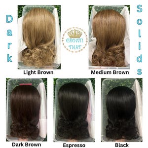 May include: Five mannequin heads displaying hair extensions in various shades: light brown, medium brown, dark brown, espresso, and black. Each head features straight hair with curled ends, presented in clear plastic containers with white tissue paper.