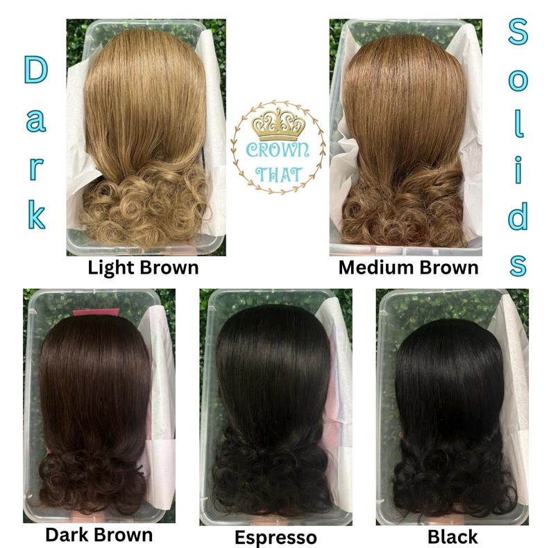 May include: Five mannequin heads displaying hair extensions in various shades: light brown, medium brown, dark brown, espresso, and black. Each head features straight hair with curled ends, presented in clear plastic containers with white tissue paper.