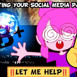 May include: A digital graphic featuring the text RATING YOUR SOCIAL MEDIA PAGE at the top and !!LET ME HELP!! at the bottom. A pink cartoon character with spiral eyes points upward next to a blue circular element displaying a B+ grade and a face.