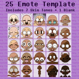 May include: A grid of 25 cartoon emote templates with various expressions and skin tones. The text "25 Emote Template" and "Includes 7 Skin Tones + 1 Blank" are displayed at the top.