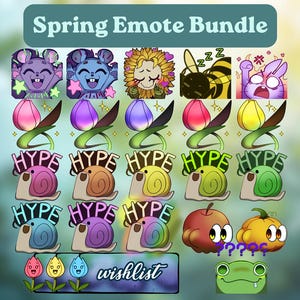 May include: A collection of digital spring-themed emotes. The set includes various cartoon characters such as a mouse, bee, rabbit, and snail, along with flowers, fruit, and a frog. Text includes "Spring Emote Bundle", "HYPE", and "wishlist".