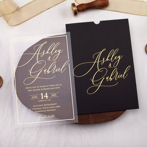 Elegant Black Acrylic Wedding Invitations with Gold Foil, Personalized Invite