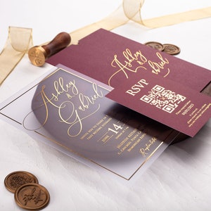 Burgundy Acrylic Wedding Invitations with Gold Foil, Personalized Elegance