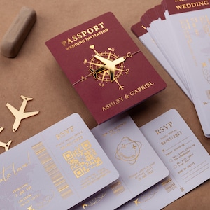 Burgundy & Gold Foil Passport Wedding Invitation with Boarding Pass