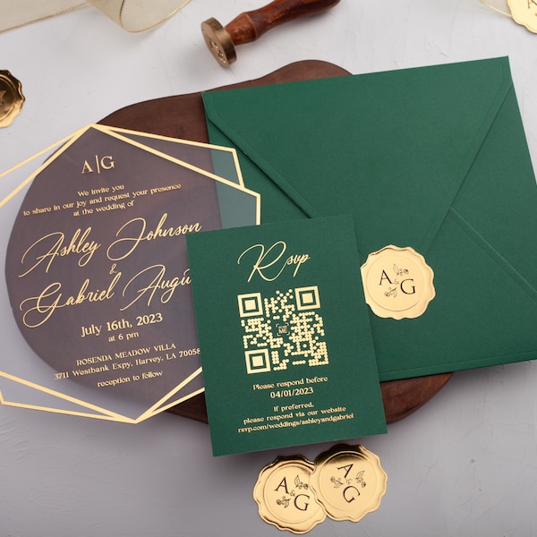 Luxury Emerald Green and Gold Foil Acrylic Wedding Invitation with QR Code RSVP Card