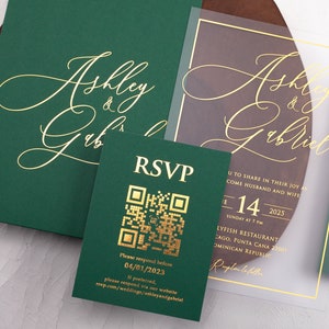 Emerald Green and Gold Acrylic Wedding Invitation, Customized Elegant Gold Foil