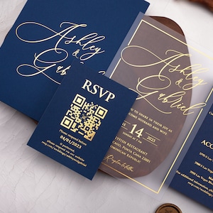 Elegant Acrylic Wedding Invites in Navy Blue with Personalized Gold Foil Printing
