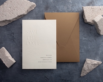 Minimalist Embossed and Letterpress Save The Date Card with Ecru Envelope